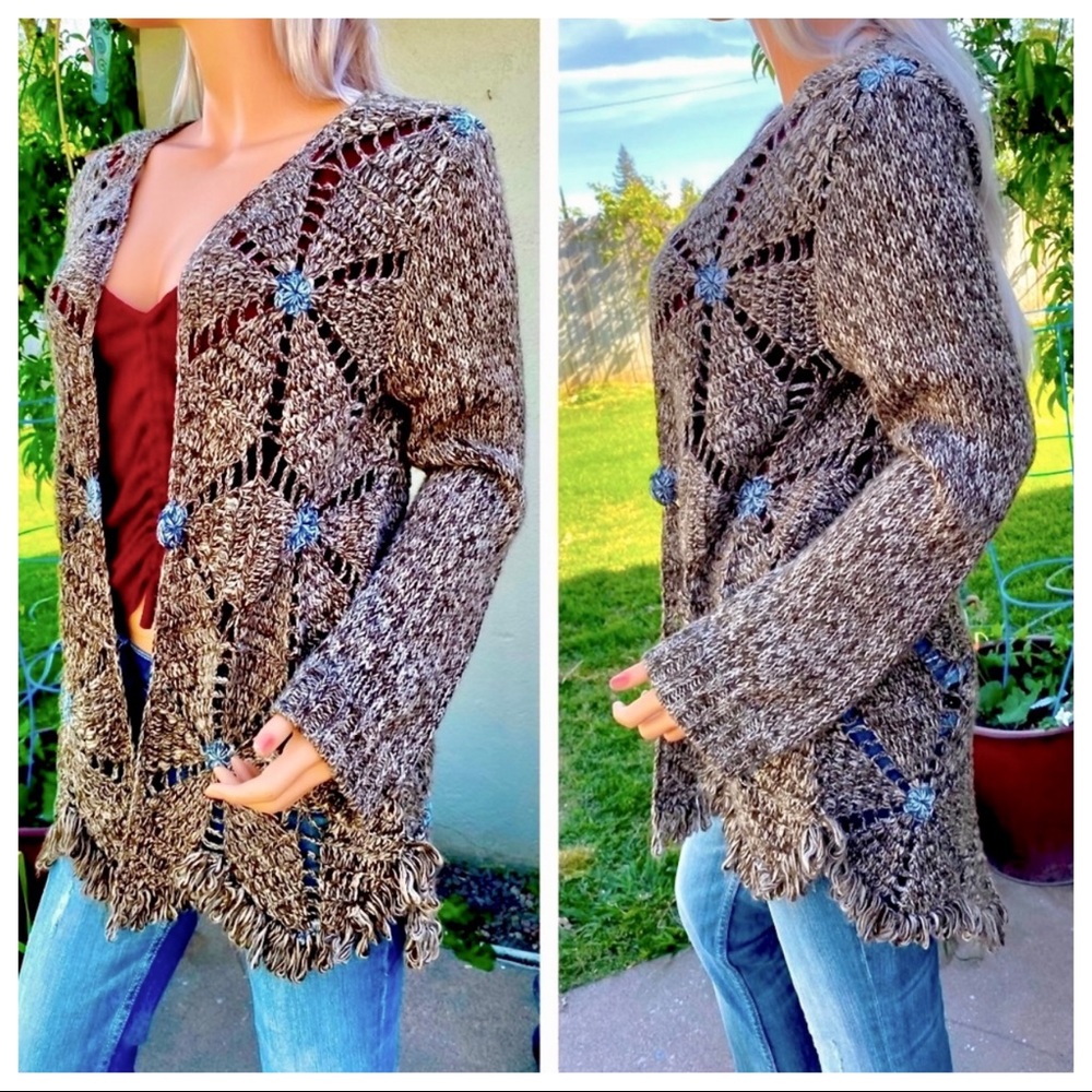 XS-M BoHo Chic Crochet Scallop Fringe Cardigan Duster Sweater - Picture 12 of 16